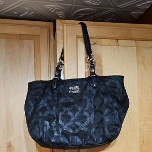 Coach Mia Opaque Lurex Op Art Signature Shoulder Hobo Tote Bag Black Leather Y2K